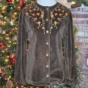 Vintage Ultrasport Cardigan Womens Small Brown Velour With Floral Embroidery